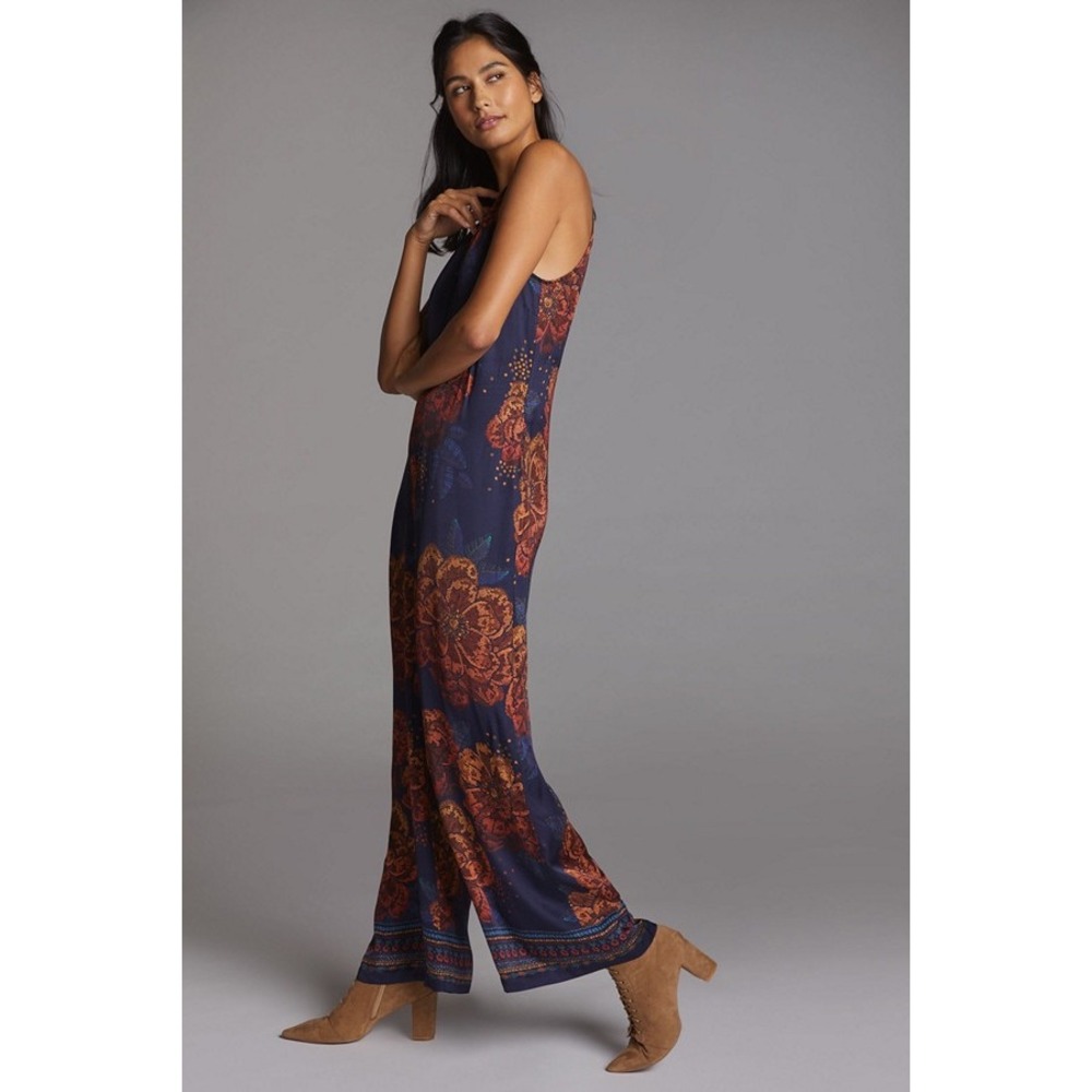 Farm Rio Anthropologie Floral Halter Jumpsuit Navy Orange M Boho